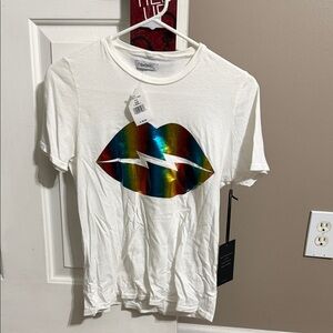 Lauren moshi  White Tee with Metallic Rainbow Lips nwt